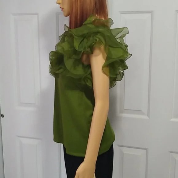 Vintage Blouse 60s Phillips 66 Green Chiffon Clown Ruffle Special Occasion NOS - Picture 5 of 9